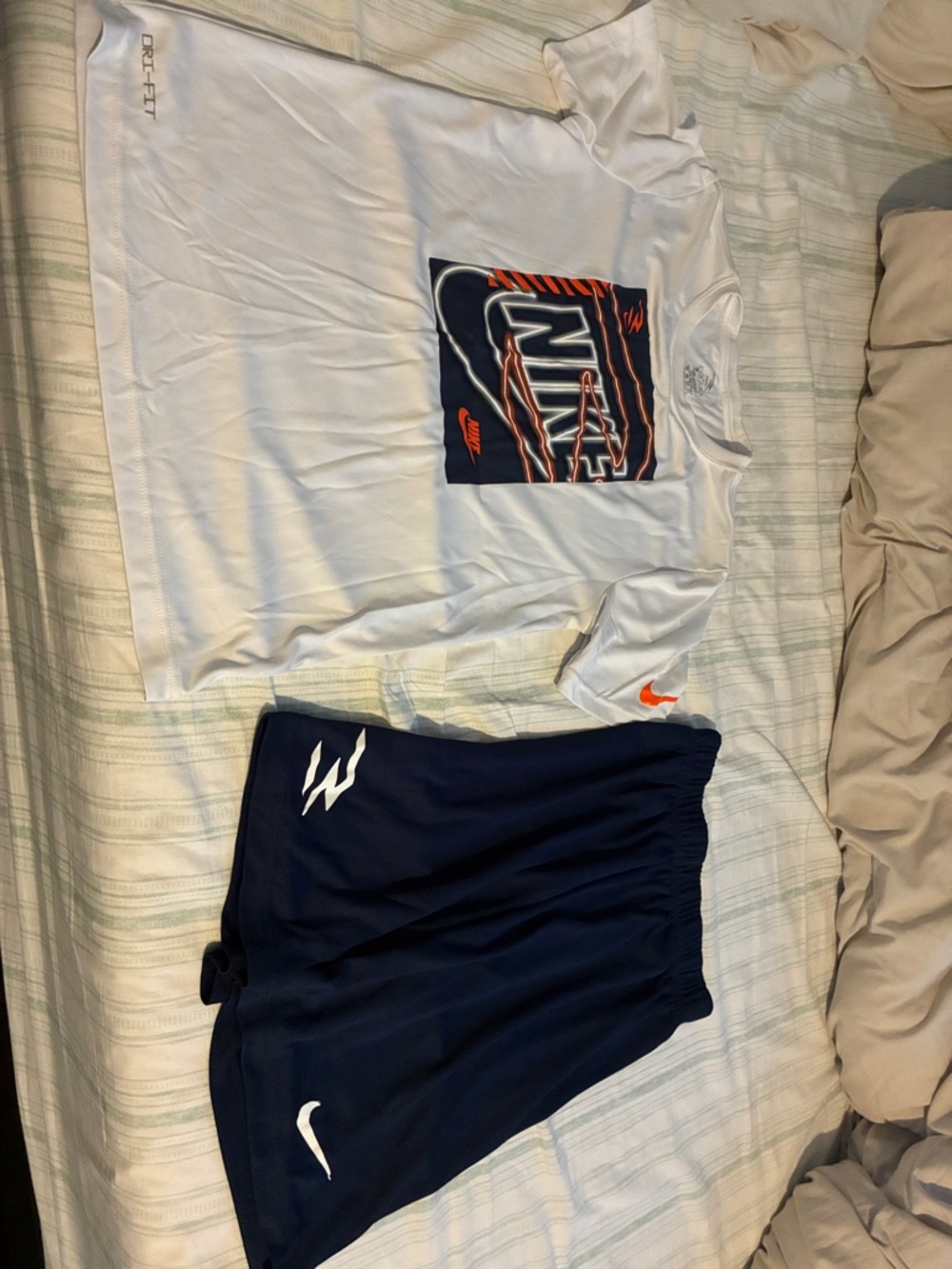 Nike 3Brand White Tee with Navy & Orange Graphic and Navy Shorts